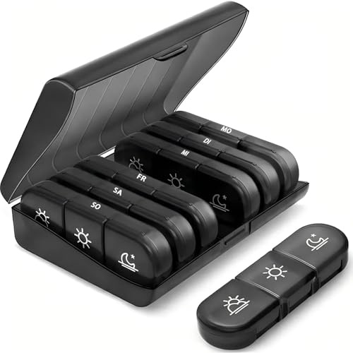 Tablettenbox 7 Tage Morgens Mittags Abends, Medikamentenbox 7 Tage 3 Fächer, handlicher und feuchtigkeitsbeständiger Pillendose für Medikamente, Vitamine, Fischöl, Nahrungsergän(Schwarz)