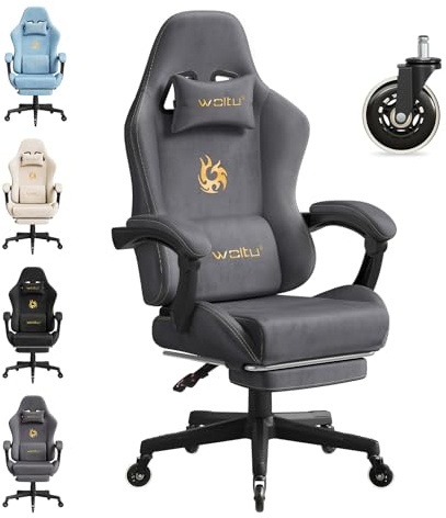 WOLTU Gaming Stuhl,Erwachsenen Computersessel,mit Gummi-Stuhlrollen,Grau | Ergonomisch, mit Verstellbarer Rückenlehne,Drehbar mit Armlehenen,Fußstütze,Lendenstütze,Kopfstütze