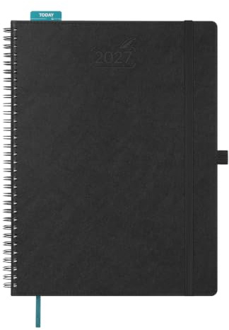 BEZEND Kalender 2027 Buchkalender 1 Woche 2 Seiten A4 (28,5 x 22 cm) | 12-Monate Wochenplaner (Jan - Dez 2027), Ringbuch mit PU-Leder Softcover, 100 GSM Papier, Schwarz