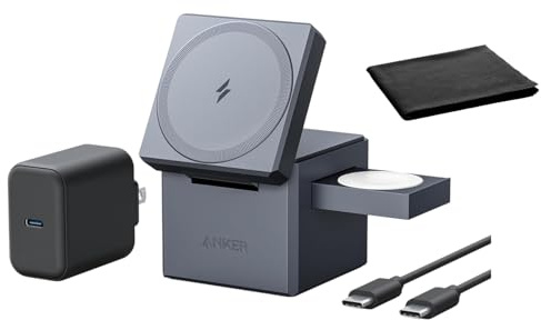 Anker MagSafe Ladeständer Wireless Charger 3-in-1 Cube 15W Faltbarer Schnellladeständer für iPhone 17/16/15, Apple Watch 1-8/Ultra, AirPods (30W USB-C Ladegerät und Reinigungstuch enthalten)