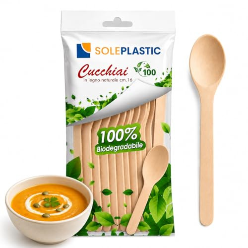 100 Cucchiaio Legno di Betulla 16 cm RESISTENTI - Posate Bio Compostabili e Biodegradabili - Cucchiaio di Legno Naturali per Asporto, Catering, Buffet, Feste e Cibo Caldo