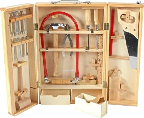 PLANÈTE Bois - Holzwerkzeugkasten mit echten Werkzeugen - FSC - 098927-25 Teile - Beige - Holz - Kinderspiel - Montessori - Motorik - Basteln - 26 cm x 40 cm - Ab 8 Jahren