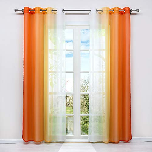 HongYa Set mit 2 Vorhängen, Farbverlauf, Weiß und Orange, H/L, 145/140 cm, mit Ösen, Polyester, transparent, einfache Installation, Dekoration für großes Fenster, für Schlafzimmer, Balkon, Küche