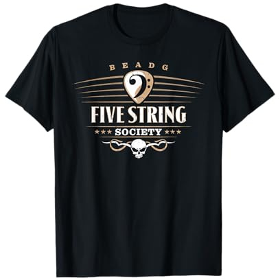 Bassgitarre Bekleidung & Geschenke by eleventeez Five String Society für Bassist 5-Saiter Bass T-Shirt Schwarz S Unisex Damen Herren Kurzarm Klassische Passform Polyester 100% T-Shirt