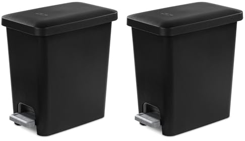 Sterilite 2.7 Gallon Rectangular StepOn Wastebasket with Lid, Small Plastic Trash Can for the Bathroom, Bedroom or Home Office, Pedal and Liner, Black, 2-Pack
