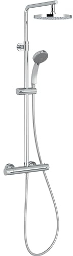 Jacob Delafon - Colonne de Douche Thermostatique SIMONE - Pomme de Tête de 20cm - Douchette 4 Jets - Régulateur de Débit - Butée de Sécurité - 28,1 x 143,7 x 47cm - Finition Chrome - E32849-CP