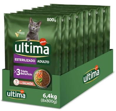Ultima Esterilizado Adult Salmon, Comida seca para gatos, Pack de 8 x 800g, Total 6,4kg