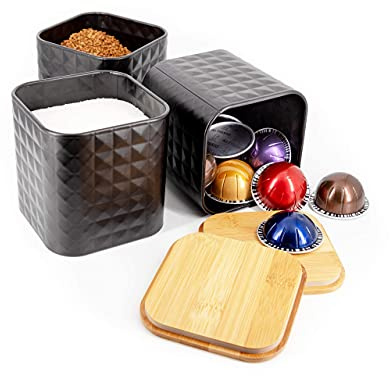 Tea Coffee Sugar Set – Black Tea Coffee Sugar Sets with Airtight Bamboo Lids – Versatile Kitchen Canister Set – Practical Canisters Sets for the Kitchen – Uses – Coffee Jar – Biscuit Jar – Sugar Jar