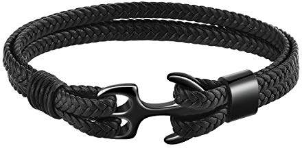 Emibele Armband für Damen, Robust Rindsleder, Mehrschichtig Vintage Anker Wickelarmband - Schwarz mit Schwarz Anker