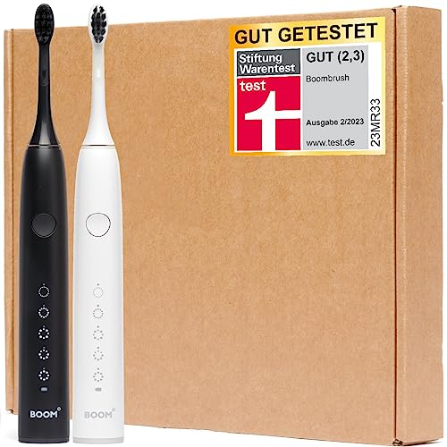BOOMBRUSH Elektrisk tandborste – Sonic Tandborstar – 90 dagars kraftbatteri – svart/vit – effektiv Sonic-teknik – elektrisk tandborste för munrengöring och plackborttagning