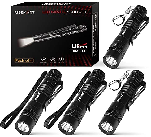RISEMART Superhelle Mini Taschenlampe - EDC Schlüsselanhänger LED Wasserdicht für AAA Batterie - Ultrahell (4 Stück, 9cm)