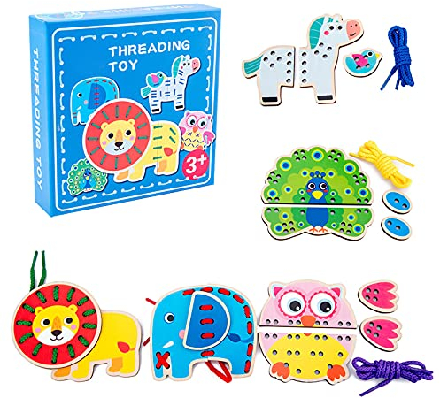 NOOLY Montessori Spielzeug für Kleinkinder DIY Lernspielzeug Fädelspiel CXB0202 (Wilde Tiere)