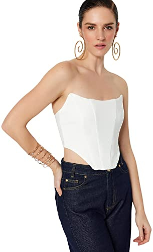 Trendyol Glam - Bustier tejido sin tirantes con hombros descubiertos y ajuste regular para mujer, blanco con detalle gris, 50