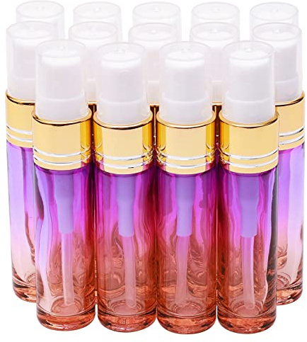 Newzoll 14Pcs 10ml (1/3 oz) Purple Orange Gradient Spray Bottles Glass Vials Tube Perfume Atomizer Refillable Makeup Travel Fine Mist Sprayer Containers for Cosmetic Skincare, Gold Cap