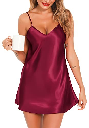 Lovasy Nattlinne i satin för kvinnor, sexiga underkläder, nattkläder, silke, underklänning, v-ringning, negligé, brud-babydoll korta nattkläder, XL