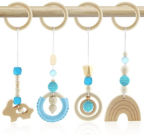 BINYI Spielbogen Baby Spielzeug ab 0 Monate Spielbögen Baby Gym Anhänger Holz 4 Stück Spielebogen Babies Toys für Mädchen Jungen Babyspielzeug für Babyschale Kinderwagen Autositz Spielzeug (Blau)