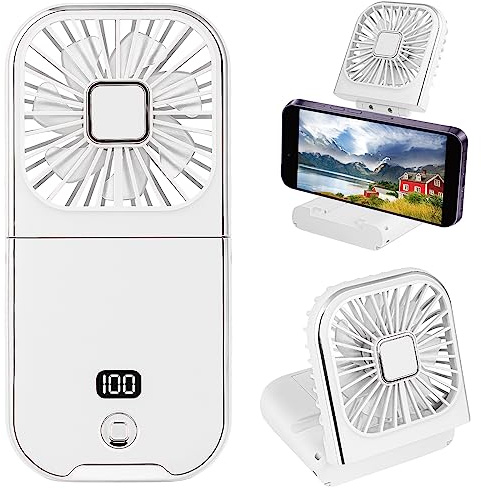 Folding Handheld Fan with LED Display, Mini Portable Personal Fan(White) | USB Rechargeable Power Bank Fan Neck Fan, Battery Powered 180° Foldable Desk Fans Cooling for Office Home Travel Camping