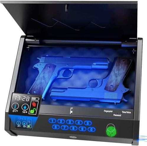 movgul Gun Safes, Biometric Pistol Safe with LCD Display of Temperature Humidity USB Port, Gun Safes 3 Ways Quick Access Fingerprint Handgun Safe for Nightstand Car