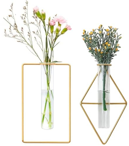 yaocoral Nordische Wandvase, zum Aufhängen, geometrische goldene Blumenvase, Wandhalterung, Metallrahmen, Vasen, Hydrokulturglas, Knospenvase, Dekoration für Zuhause, Hochzeit, Bauernhaus, 2 Stück