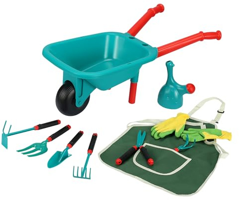 Kids Gardening Set, Includes Wheelbarrow, Watering Can,Gardening Gloves, Gardening Pruner, Hand Rake, Double Hoe, Shovel, Apron with Pocket, Outdoor Indoor Toddler Gardening Tools Set