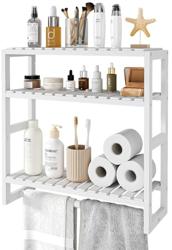 Bamworld Bathroom Shelf Storage Adjustable Bamboo shelf 3 Tiered Over Toilet Rack Bathroom Organizer for Space-Saving Wall Mount Stand Used in the Kitchen Living Room(White)