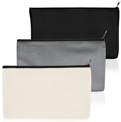 3 Stück Taschen aus Baumwoll-Leinwand mit Reißverschluss,Reise Kulturbeutel, Stoff Federmäppchen, Kosmetiktaschen mit Reißverschluss, 21 x 12 cm(Schwarz+Grau+Beige）