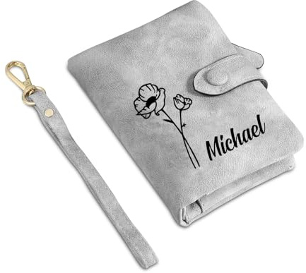 Glimmerday Portefeuilles Personnalisés pour Femmes, Portefeuille de Fleurs d'anniversaire Personnalisé, Cadeau pour Femme, Portefeuilles en Cuir PU, Cadeau d'anniversaire(Gris)