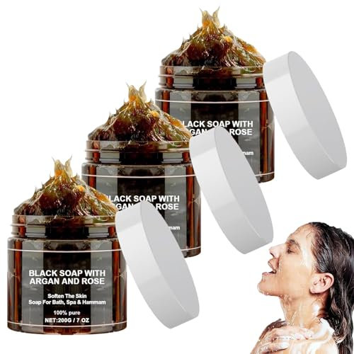 Black Soap - Savon noir marocain avec argan et rose - Savon noir marocain bio - Gommage pour le corps - Pour peau douce - 200 g (3 pièces)