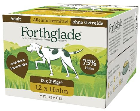 Forthglade Nourriture Humide pour Chiens (12 x 395 g) - Nourriture sans céréales avec Poulet et légumes pour Chiens Adultes à partir de 1 an - Nourriture hypoallergénique pour Chiens sensibles