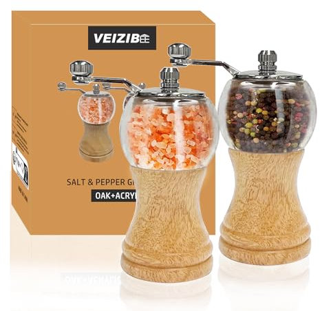 Set Molinillo de Sal y Pimienta - Juego de Molinillo de Pimienta Manual Molinillo de Sal de Madera Grande, Molinillo de Cerámica Ajustable, Molinillo para Sal Pimienta Especias (Madera 2pcs-5in)