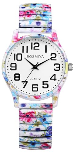 JewelryWe Boho Watches for Women: Ladies Bohemian Elastic Expansion Band Quartz Easy Read Large Dial Stainless Steel Colorful Stretch Strap Wriststwatch