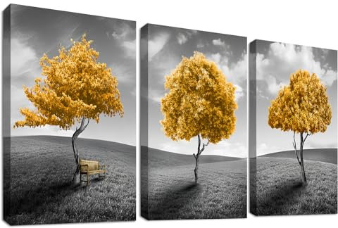 3 Pcs Gelber Lebensbaum Mit Rahmen Leinwand Bilder Abstrakter Herbstbaum Bild auf Leinwand Malerei Poster Wandbilder Wanddeko Wohnzimmer Schlafzimmer Badezimmer Dekorationen 150x70cm (20x28x3)