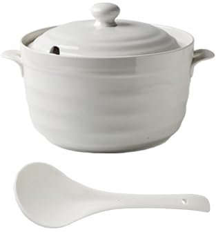 CRBUDY Coperchio con Doppio Manico Zuppiera in Ceramica Bianca Pura Piatto Rotondo in Ceramica Bianco Casseruola/Vaso di Terracotta/Vaso di Terracotta/Pentole in Ceramica con c