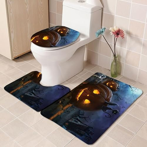 Bad Teppiche Set Blau Lila Halloween Badezimmerteppich Waschbar WC Vorleger mit Ausschnitt und WC Deckelbezug 3 Teilig Badematte rutschfest Toilettensitzbezug Badgarnitur 45x75 cm