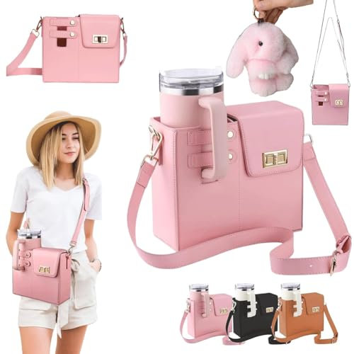 Outdoor Portable Crossbody Water Cup Storage Bag,Crossbody Bag with Water Bottle Holder&Bunny Keychain,Adjustable Shoulder Strap Crossbody Cup Storage Bag for Travel Daily Use