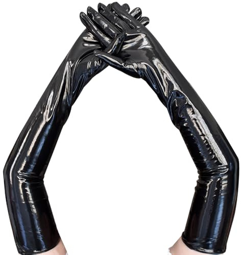 krautwear Damen Ellenbogenlange Glänzende Abendhandschuhe Handschuhe Lack und Leder Optik Pink Rot Schwarz (schwarz)