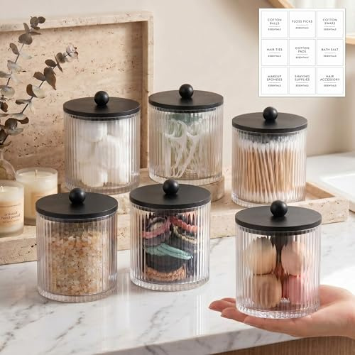 Yaomiao 6 Pcs Ribbed Bathroom Canisters Apothecary Jars with Black Bamboo Lids and Label Stickers, 18 oz Plastic Canister with Fluted Design for Cotton Ball, Swab, Floss Picks House Storage