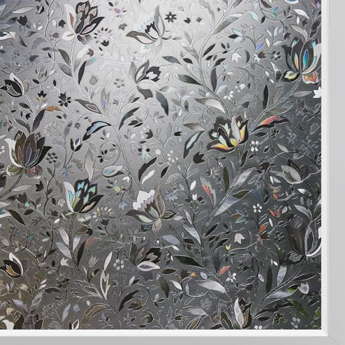 KROMAPOLIS Black Blackout Window Film Covering Frosted Glass Film Privacy Film Anti-UV Rainbow Effect Sun Block Static No Glue Self-Adhesive Vinyl Tulip Pattern Decorative For Bathroom Home - 60x200cm