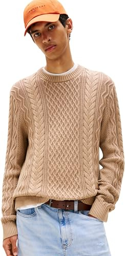 Tommy Jeans Jersey Hombre Cable Knit Sweater con Punto Trenzado, Marrón (Coastal Taupe Tonal), M