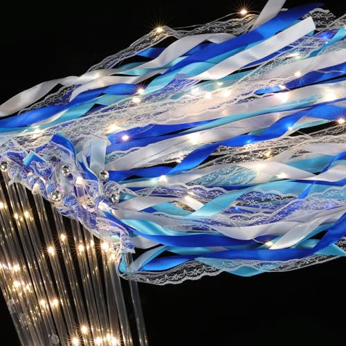 100 Pcs Wedding Wands Ribbon with 3 Colorful Flashing Modes, Light up LED Silk Fairy Wands, Glow Lace Stick with Bells for Wedding Reception, Graduation, New Year, Birthday Party (Blue)
