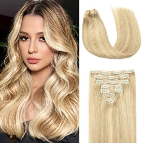 Clip in Extensions Echthaar 35cm 7 Stück 120g Glatt Nahtlos Hellbraun Mix | Sekundenschnelles Einsetzen mit rutschfesten Clips, langlebige Salon-Qualität mit gesundem Glanz und Geschmeidigkeit