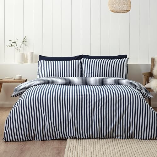 Catherine Lansfield Brushed Stripe Cotton Reversible Double Duvet Cover Set with Pillowcases Navy Blue