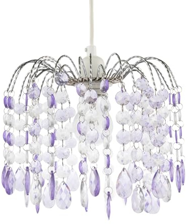 Contemporary Waterfall Designed Pendant Light Shade with Lilac and Clear Acrylic Droplets - Chrome Plated Metal Frame by Happy Homewares