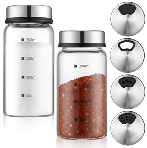 Exquilnova 2PCS Salt Shaker,200ML Salt and Pepper Shakers with Adjustable Rotating Lid,Transparent Salt and Pepper Pots,Glass Salt Cellar for Home,Cafeteria,Restaurants,BBQ,Kitchen Gadgets(200ML)