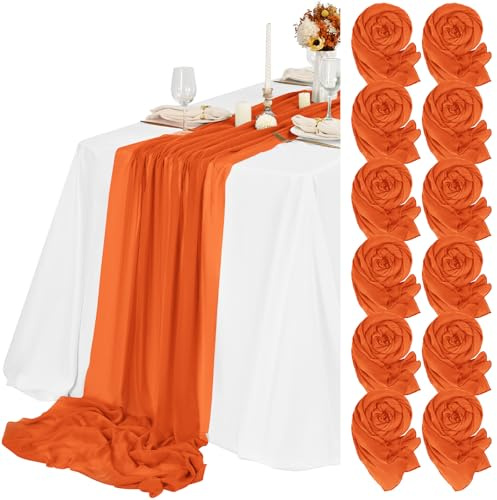 Teruntrue 12 Stück Tischläufer Orange 55x300 cm Neuer Natürlicher Weichlook Bohemian-Gaze-Käsetuch-Tischläufer für Hochzeit, Party, Babyfeier, Brautshower, Geburtstag-Dekorationen