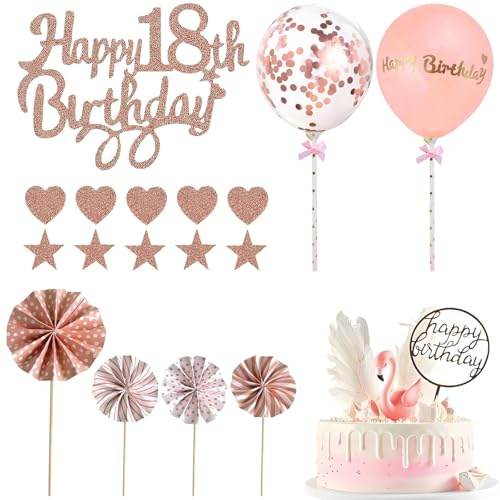 Happy 18th Birthday Cake Topper for Girls, Happy Birthday Cake Topper Rose Gold Personalised Cakes Toppers for Girls, Birthdays Cakes Decorations with Star Heart Paper Fan Balloon Romantic
