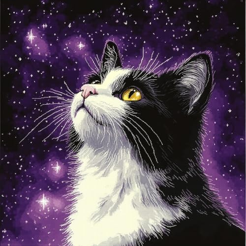 AMBATTERY 11CT Kreuzstich Kissen Set Vorgedruckt, Tiere und Katzen Bedrucktes Leinwand-Kissen-Stickset, Kissenbezug Zum Sticken Kreuzstich, Stickkissen Set 45x45cm