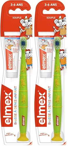 ELMEX - Spazzolino da denti per bambini 3-6 anni (morbido) + campione dentifricio Elmex anti-carie bambino (12 ml) Colori casuali (Confezione da 2)