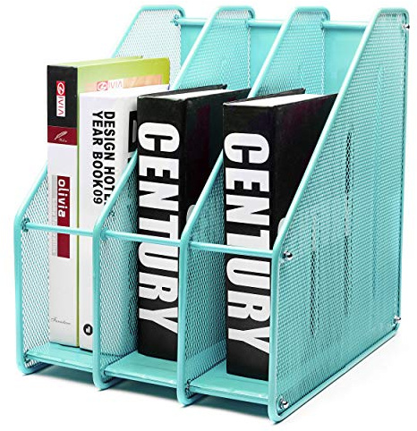 EXERZ Zeitschriftensammler/Gitter Metall Dreifach Schreibtisch Ordner Halter - 3 Unterteilungen Dokumente A4 / Aufbewahrung Ordner/Schnellhefter/Organisator/Stehsammler Buchstütze (Türkis)