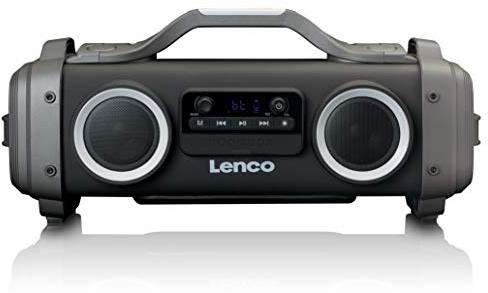 Lenco SPR-200 Boombox - Spritzwassergeschützt - Bluetooth 5.0 - FM Radio - TWS - Equalizer - 50 Watt RMS - integrierter Akku mit 4400mAh - USB - Micro SD - 3,5mm - Schwarz